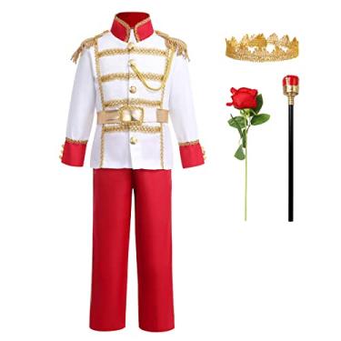 Imagem de Prince Charming Costume For Boys Kids Royal Prince Outfits Long Sleeve Jacket Pants Crown Belt Set Carnival Dress Up Costume Halloween Birthday Party Role Play Clothes Red(4pcs) 10-12 Years