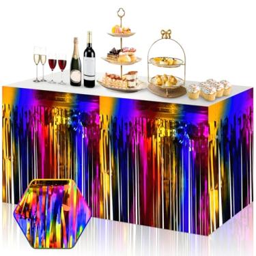 Imagem de Pacote com 3 saias de mesa com franja de arco-íris de 73 x 272 cm, faixa metálica para decoração de festa de Halloween