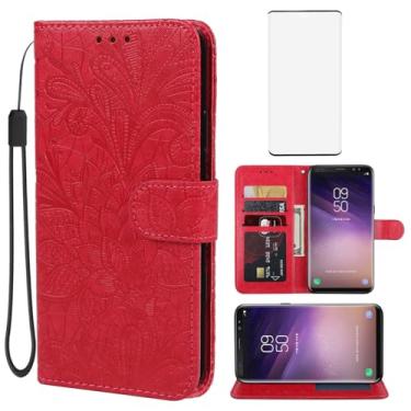Imagem de Gufuwo Capa para Galaxy S8, capa carteira para Samsung S8 SM-G950U com protetor de tela de vidro temperado, flor de renda, couro PU, flip com suporte para cartão de crédito, capa para celular para