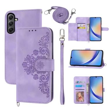 Imagem de Dswteny Capa carteira para Samsung Galaxy A25 5G/A24 4G/M34/F34 com alça de ombro transversal, couro PU em relevo flip slim suporte para cartão capa para A 25 25A 24A LTE mulheres meninas roxo
