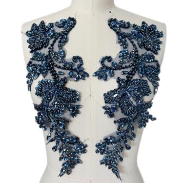 Imagem de Apliques de strass feitos à mão costurados em remendo de renda de cristal, 1 par para roupas DIY, vestido de casamento, decoração de fantasia multicolorida (azul escuro)