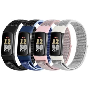 Imagem de VNDAPT Pacote com 4 pulseiras de relógio de nylon compatíveis com Fitbit Charge 6/Fitbit Charge 5, pulseira esportiva de substituição respirável ajustável para Fitbit Charge 5 Charge 6 para mulheres e