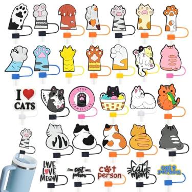 Imagem de Pacote com 30 tampas de palha de gato para copos, 10 mm bonito topo de palha à prova de poeira para garrafas de água Stanley copos acessórios presentes para mulheres lembrancinhas de festa