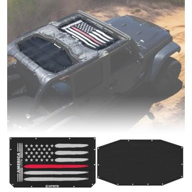 Imagem de Xprite Protetor solar US Thin Red Line compatível com Jeep Wrangler JL 4 portas 2018+, parte superior de biquíni de malha frontal e traseira, proteção contra raios UV/vento/bloqueio de ruído