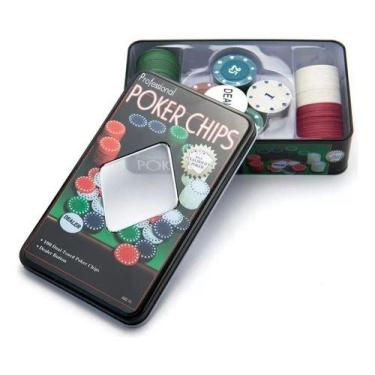 Imagem de Kit Poker Profissional Em Lata 100 Fichas Jogo Baralho - Kadê