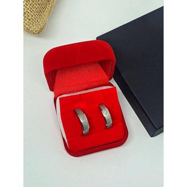 Imagem de Par de Aliança Compromisso Oração Pai Nosso em Português Aço Inox 316L Prata + Caixa Estojo Veludo Caixinha porta jóia