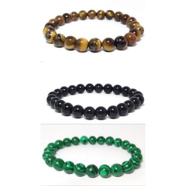 Imagem de Kit 3 pulseiras pedra olho de tigre ônix Malaquita 8mm - Japamala Bras