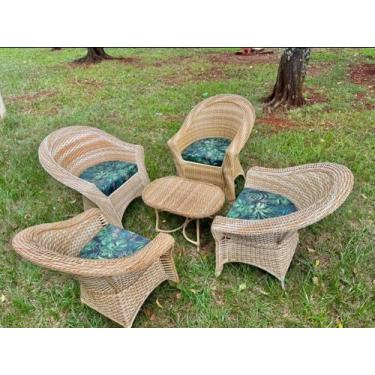 Imagem de Jogo Poltronas Área Externa Fibra Cor Natural Almofadas Maranta Preto 