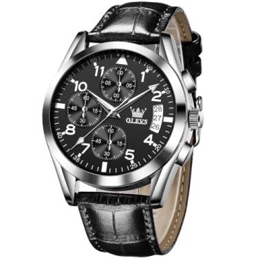 Imagem de OLEVS Relógios de pulso masculinos de couro marrom, dourado, analógico, quartzo, moderno, para negócios, data, luminoso, à prova d'água, casual, masculino, preto, prata, preto, 2878, relógio masculino