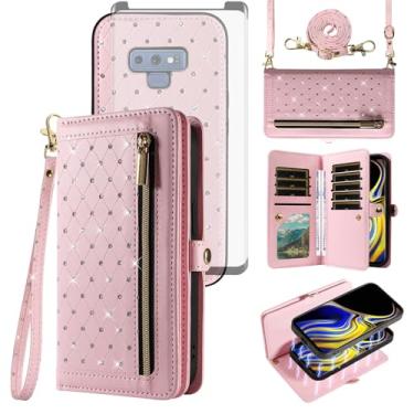 Imagem de Asuwish Capa de celular para Samsung Galaxy Note 9 com zíper carteira magnética destacável com protetor de tela de vidro temperado, alça transversal, suporte para cartão de crédito Note9 Not S9