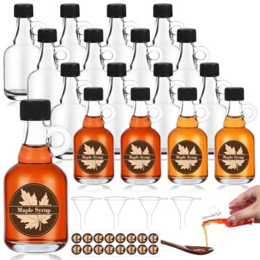 Imagem de 16 frascos de xarope de vidro com alça em laço, garrafas de xarope de bordo de vidro de 50 ml, mini frascos de xarope com tampas de plástico e adesivos de xarope de bordo, garrafas de xarope vazias