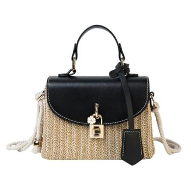 Imagem de Bolsa quadrada de palha bolsas de praia de palha para mulheres bolsas de vime bolsa transversal de palha de verão bolsa de ombro bolsa de ombro 2025, Preto
