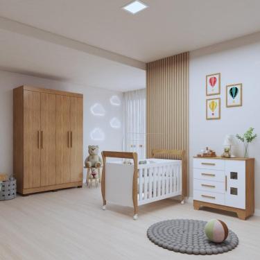 Imagem de Quarto de Bebê Completo com Guarda-roupa, Berço e Cômoda Manu Amadeirado/Branco