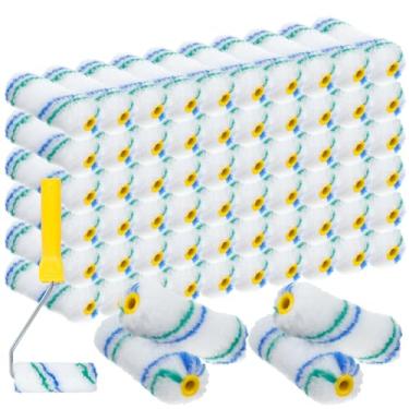 Imagem de Kit de 61 peças de mini capas de rolo de pintura de 10 cm pequenos rolos de pintura com moldura de rolo de poliéster pincel de rolo de pintura reutilizável cabo de rolo com 60 pincéis de rolo para
