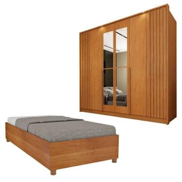 Imagem de Guarda-Roupa 6 portas com Espelho Ripado Nova York e Cama Solteiro Monaco Espresso Móveis Cinamomo