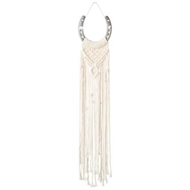 Imagem de Tapeçaria de parede equestre de macramê, decoração de parede temática equestre feita à mão, decoração de parede de macramê em ferradura, decoração boho para amantes de cavalos (branco B)