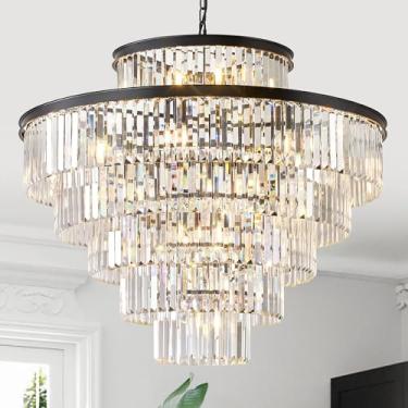 Imagem de CATINER Grandes Lustres De Cristal 23 Luzes 36" Moderno Lustre Preto De Luxo Para Hall De Entrada Lustres De Escada 6 Camadas Redondo K9 Luminária Pendente De Teto Para Sala De Estar Sala De Jantar
