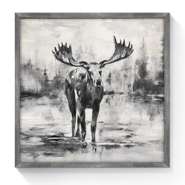 Imagem de Arte de parede de madeira alce alce: decoração de retrato de animais selvagens preto branco grande chifre quadro rústico emoldurado para quarto escritório 61 cm L x 61 cm A