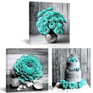 Imagem de iLOOKLiKE 3 peças de arte de parede de flor azul-petróleo turquesa peônia rosa dália impressões em tela floral preto e branco quadros de bolo pintura rústica arte de fundo de madeira para banheiro