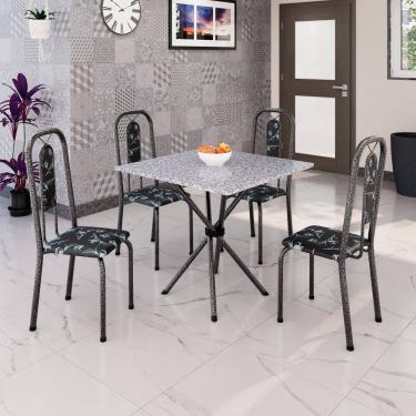 Imagem de Conjunto de Mesa Tubular 70cm X 70cm Tampo Granito Ocre com 4 Cadeiras Lívia Preto / Prata