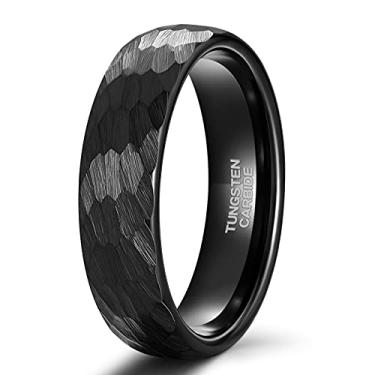 Imagem de TRUMIUM Aliança de casamento masculina preta de 6 mm, 8 mm, anéis de carboneto de tungstênio para homens e mulheres, martelados, multifacetados, acabamento fosco, anéis de compromisso, casal, tamanho 6-14, Tungstênio