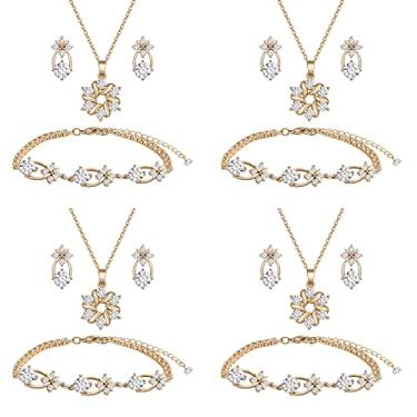 Imagem de Conjunto de joias de dama de honra para casamento, ouro 18K ou ouro rosa ou cobre banhado a prata com zircônia cúbica limpa colar brinco conjunto de pulseira para mulheres meninas presente, Cobre, Sem Pedra Preciosa