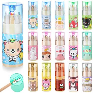 Imagem de Fumete Pacote com 15 mini lápis de cor para sala de aula, lápis de desenho de colorir fofos a granel com apontador em tubo, lembrancinhas de festa de gatinho para pintura em sala de aula, material