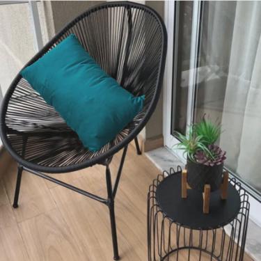 Imagem de Kit 02 Poltrona Cadeira Acapulco Sala Jardim Varanda Preto Com Almofada Quadrada Suede Azul Turquesa - Ahazzo Móveis