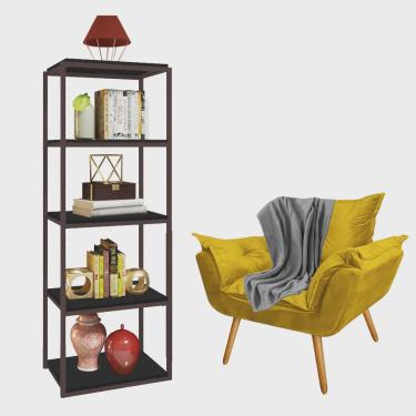 Imagem de Kit Poltrona Fatte com Manta Soft Cinza e Estante Livreiro Ferro Marrom mdf Preto Suede Amarelo - Ahazzo Móveis