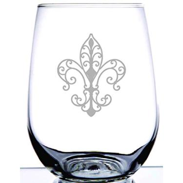 Imagem de Design Fleur De Lis | Gravado a laser de precisão derrete permanentemente o design no vidro, criando uma aparência fosca nesta taça de vinho transparente sem haste de 38 ml