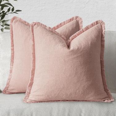 Imagem de Capas de almofada MIULEE Linen Fringe, rosa, 45 x 45 cm, conjunto de 2