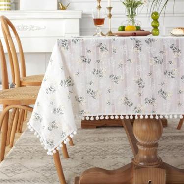 Imagem de Toalha de mesa retangular floral de algodão bordado para decoração de mesa de jantar de cozinha e casamento (140x200cm/borlas lilases)