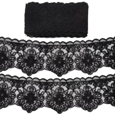 Imagem de GORGECRAFT 5 jardas x 3,34 polegadas Europa bordado fita de renda acabamento preto floral borda recortada aplique de casamento costura crochê enfeites inelásticos para roupas cortina toalha de mesa
