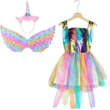 Imagem de Fantasia Infantil De Unicórnio Vestido Arco-Íris, Asas e Tiara, Traje Completo para Meninas (P)