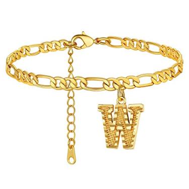 Imagem de Tornozeleiras GoldChic Jewelry com iniciais, personalizadas à prova d'água 4,5 mm de largura redimensionáveis 18K banhado a ouro corrente Figaro inicial letra tornozelo pulseiras para mulheres meninas joias de verão, 22-27 cm de comprimento