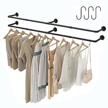 Imagem de Crehomfy Rack de roupas de cano industrial com 3 ganchos em forma de S, suporte de parede de 188 cm de comprimento, barra de ferro resistente, barra de haste de pendurar para lavanderia, carga máxima