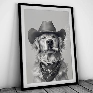 Imagem de Chapéu de cowboy Golden Retriever arte de parede animal fumando cigarro imagens de cachorro preto e branco pôsteres peculiares impressões ocidentais engraçadas pintura de cachorro ocidental imagens de