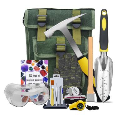 Imagem de Kit de 14 peças de martelo geológico, ferramenta de equipamento de mineração e prospecção de ouro, bolsa Musette, cinzéis de martelo e escavação de 623 g, pá, lupa, apito, óculos