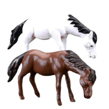 Imagem de Haohaiblooms Conjunto de 2 peças de estatuetas de cavalo em miniatura - café e cavalos brancos, enfeites de jardim de fadas, topos de bolo, suprimentos de festa, artesanato de bonsai, micro paisagismo