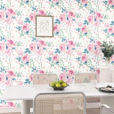 Imagem de Mangoloo Papel de parede floral rosa adesivo boho flores grandes removíveis papel de parede branco para armários quarto de meninas papel de parede 44,5 x 259,1 cm