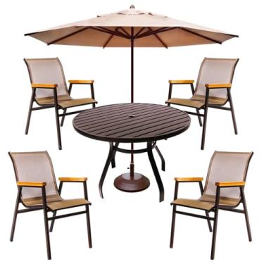 Imagem de Jogo de Jardim Mesa Redonda 90cm Aluminio 4 Cadeiras Pisicna com Braço Madeira e Ombrelone (Capuccino)