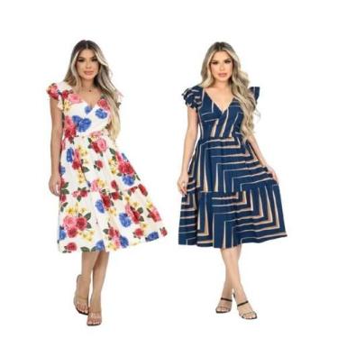 Imagem de Kit 2 Vestido Feminino Midi Decote V Amarração Cintura Saia Godê Malha