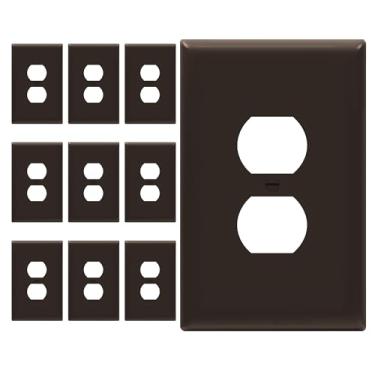 Imagem de ENERLITES Placa de parede de tomada de receptáculo duplex, capas de tomada elétrica jumbo, acabamento brilhante, tamanho grande 14 x 9 cm, termoplástico de policarbonato, 8821O-BR-10 peças, marrom,