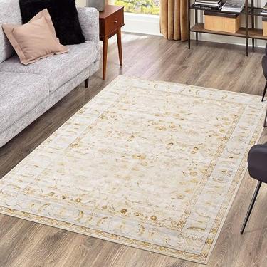 Imagem de Asrug Tapete de área lavável 3x5 vintage boho tapete floral envelhecido oriental antiderrapante persa tapete de cobertura de piso para quarto, sala de estar, sala de jantar, berçário, amarelo