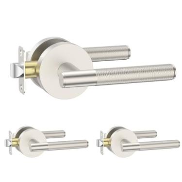 Imagem de Amerdeco Pacote com 3 maçanetas serrilhadas de passagem de níquel acetinado escovado, maçanetas resistentes sem travamento para hall, armário, área de escritório, shopping centers AM0016