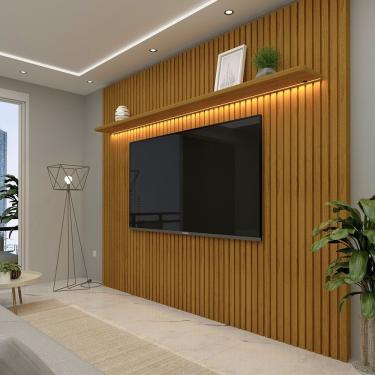 Imagem de Painel Ripado Para Tv Até 75 Polegadas Com Led 1 Prateleira Nobre 230cm Gelius Móveis Naturale