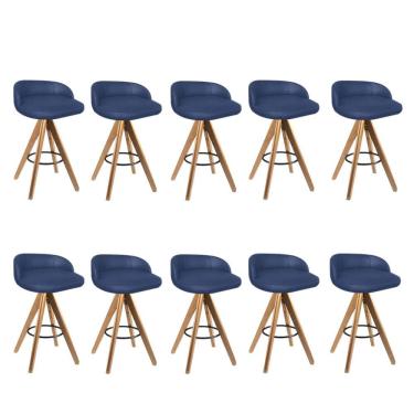 Imagem de Kit 10 Banqueta Alta Com Encosto Bali Base Giratória Madeira Linho Azul Marinho