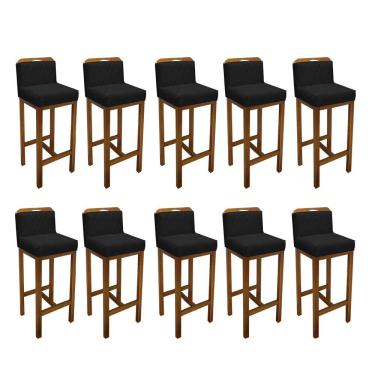 Imagem de Kit 10 Banqueta Alta Com Encosto Simon Balcão Base Madeira Castanho Suede Preto