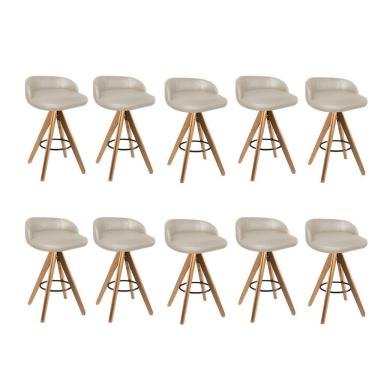Imagem de Kit 10 Banqueta Alta Com Encosto Bali Base Giratória Madeira Corino Bege