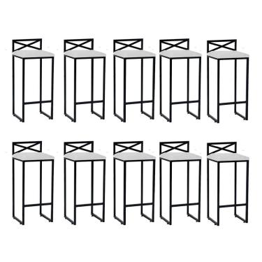 Imagem de Kit 10 Banqueta Alta Com Encosto Ema Balcão Ferro Preto Corino Branco